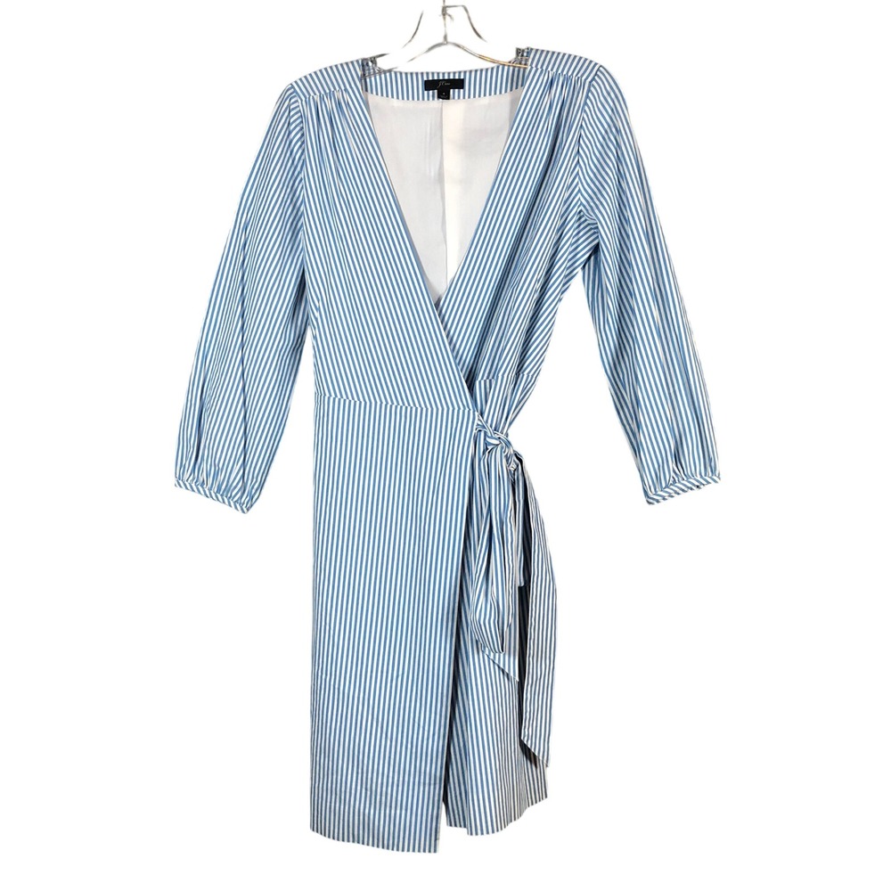 J.Crew Wrap Dress Womens 4 Blue White Stripe 3/4 Sleeve Cotton Blend